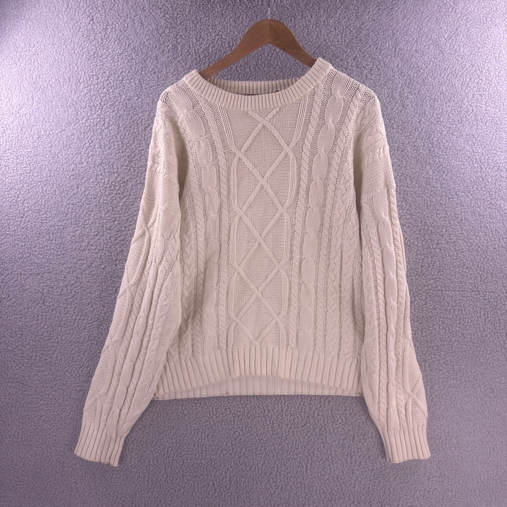 Vintage Eddie Bauer Mens Large Fisherman Knit Cream Cotton Cable Knit Sweater